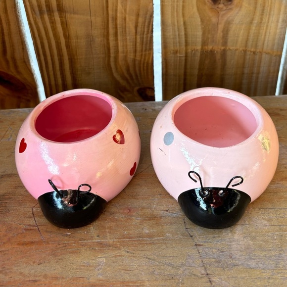 2 Rocket Farms Pink Lovebug Ladybug Mini Planters Silver Polka Dots & Red Hearts - Picture 3 of 9